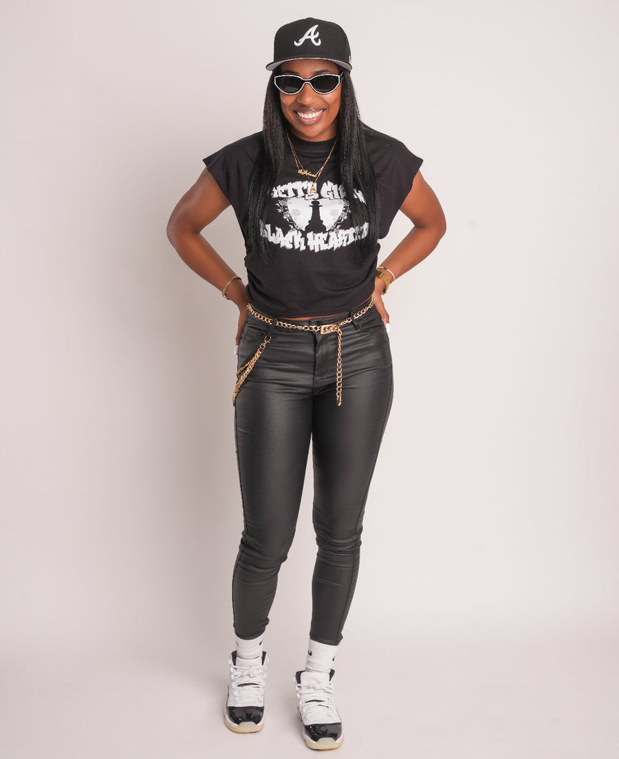 Pretty Girls Black Hearted Sleeveless Crop Tee